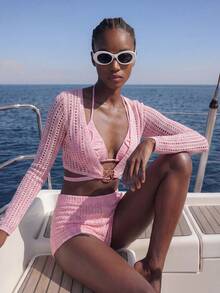 Maija Women's Solid Color Metal Decor Casual Versatile Daily Wear Long Sleeve Top - Pink - View 1