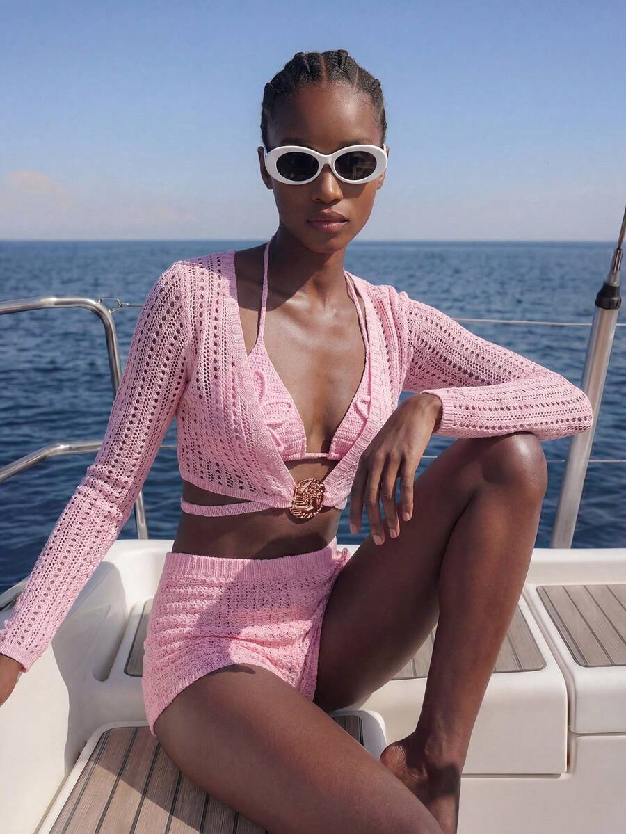 Maija Women's Solid Color Metal Decor Casual Versatile Daily Wear Long Sleeve Top - Pink - View 1