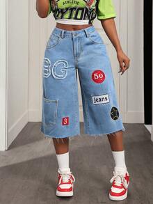 BamGleam Damen Jeans mit ausgefranstem Saum, bestickter Tasche und weiter Passform - Mittele Waschung - Übersicht 3