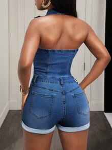SHEIN BamGlam Bộ áo liền quần denim nữ thời trang thường ngày, cài nút, có túi, cổ yếm và lưng hở. - Rửa tối - Xem 2