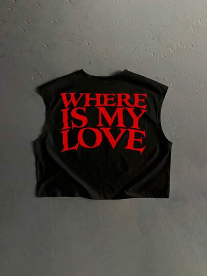 Manfinity ZONE917 Áo tank top dáng rộng, ngắn, thời trang đường phố, màu đỏ bạc màu, in chữ "WHERE IS MY LOVE" (Tình yêu của tôi ở đâu?), thích hợp cho mùa hè.