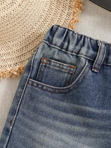 SHEIN Shorts de mezclilla suave lavada para niñas preadolescentes, ajuste cómodo, primavera/verano - Azul lavado oscuro - Ver 4
