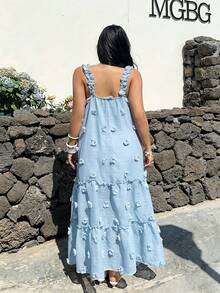 Sunnyshic Plus Size Square Neck Spaghetti Strap A-Line Dress, Vacation Style - Baby Blue - View 2
