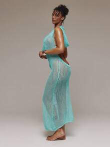 MUSERA 亮片钩针连帽修身长裙，春夏伊比沙岛音乐节度假可爱性感Y2K夜店热带诱惑 - 藍色 - 查看 4