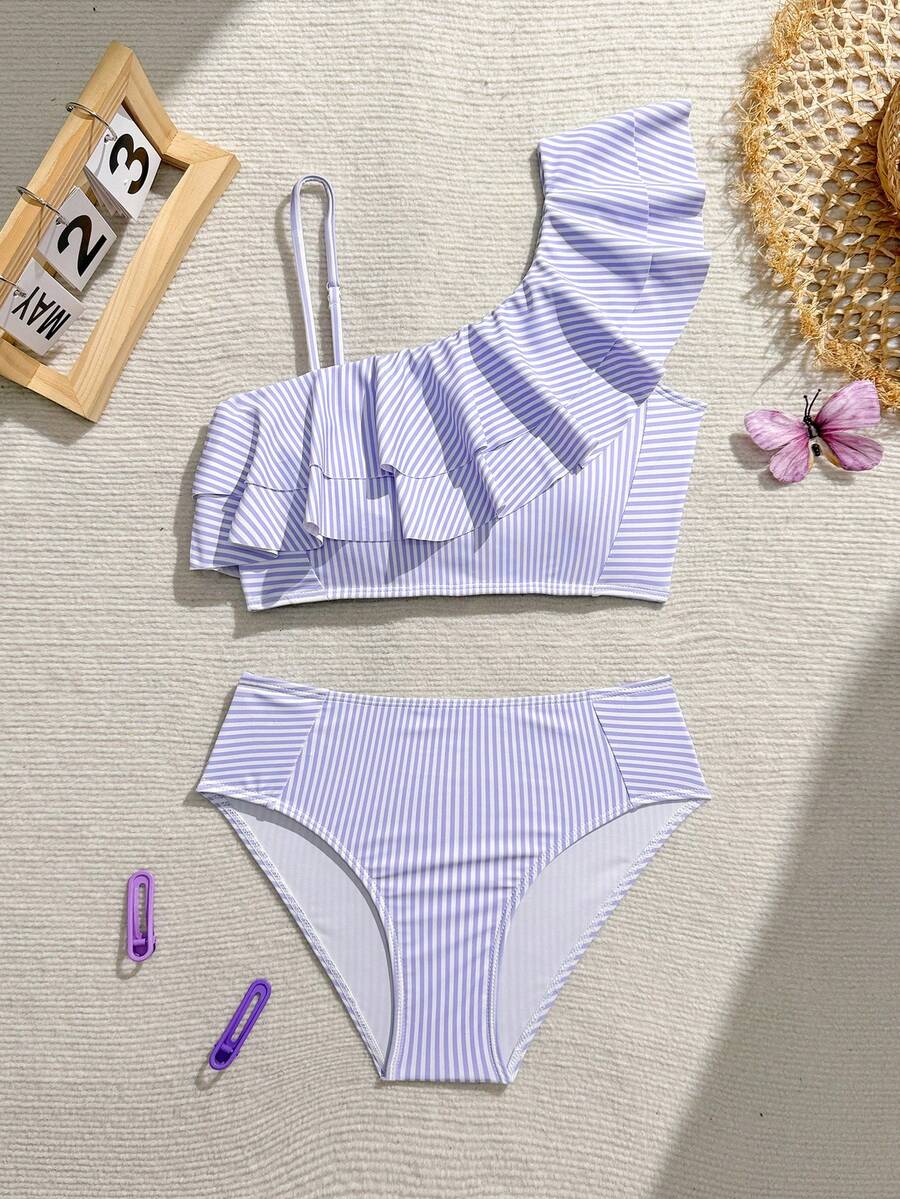 Teen GirlStriped Print Swimsuit Set - Purple - View 1