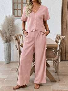 EMERY ROSE Bộ đồ nữ đơn sắc tối giản gồm áo tay ngắn và quần ngắn tay, 2 món. - Hồng - Xem 6