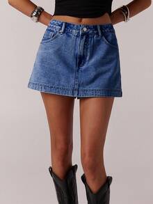 SHEIN Forever 21 Vintage Casual Street Style Distressed Denim Mini Skirt For Women, Spring - Dark Wash - View 7