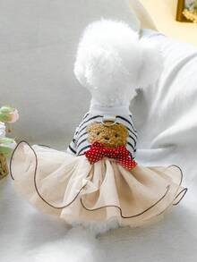PETSIN 1件刺绣可爱泰迪熊图案条纹宠物蓬蓬裙，猫狗通用服装，公主风薄款套头连衣裙 - 黑白條紋 - 查看 5