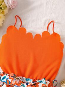 SHEIN Áo liền quần hai dây viền cong in hoa cho bé gái tuổi teen - Màu Cam cháy - Xem 4