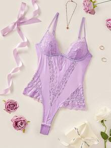 Elorette Women's Lace Patchwork Backless Camisole Sexy Lingerie Jumpsuit - Mauve Purple - View 2