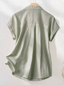SHEIN Franclia Vintage Striped Short Sleeve Shirt, Fashionable For Commuting In Summer - Army Green - View 2