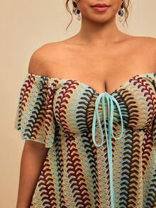 SHEIN VCAY Vintage Plus Size Light Blue Summer Boho Beach Jacquard Striped Off-Shoulder Drawstring Colorful Women Blouse Shirt Swimsuit Bathing Suit Cover Up - Multicolor - View 5