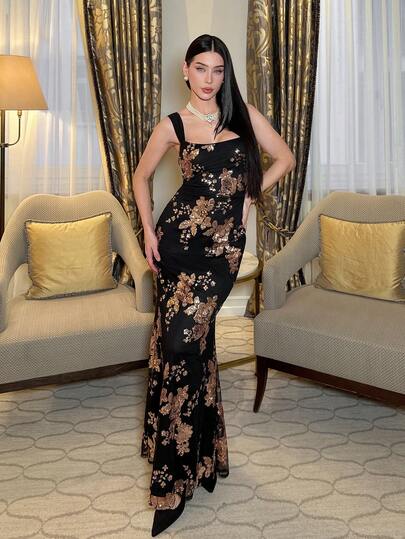 hhfernanda Women's Floral Sequin Fitted Mermaid Hem Elegant Dress