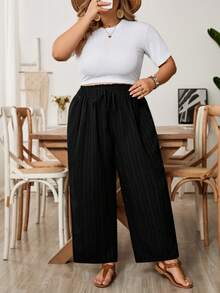 SHEIN CURVE+ 大码女式夏季宽松舒适休闲裤，七分裤，两件套，高腰阔腿裤，宽松舒适休闲裤 - 彩色 - 查看 9