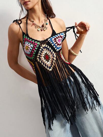 Bohemela Women's Crochet Hollow Out Fringe Camisole Top, Suitable For Beach Vacation