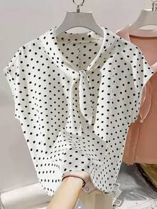 SHEIN Franclia Women's Polka Dot Shirt With Bow Tie Collar Design, Spring/Summer - White - View 3