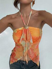 Aloruh Women's Floral Print Patchwork Ruffle Trim Halter Neck Top, Vacation Style - Orange - View 7