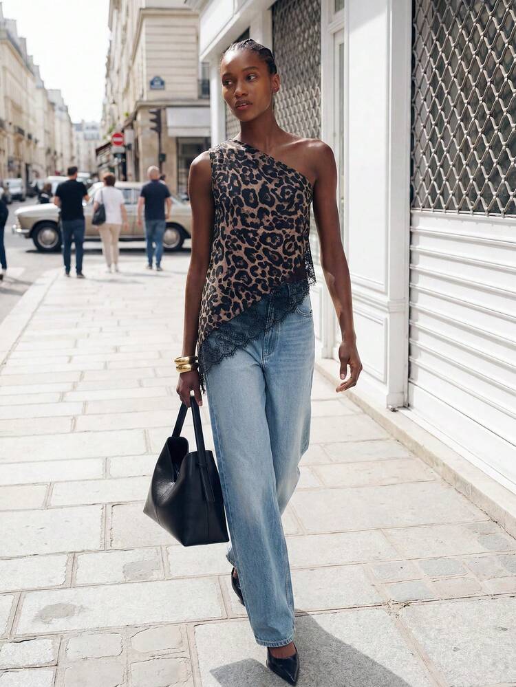 SHEIN Maija Damen Sommer modische Straßen Lässig Urlaubs Leoparden Muster Kontrast Spitze asymmetrischer Saum locker sitzende Bluse