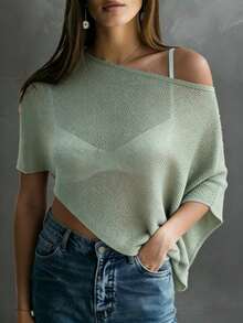 Breezaya Plus Size Women's Spring/Summer Casual Wear: Minimalist Vacation Style - Gray-Green Off-Shoulder Cape-Style Loose Fit Top, Perfect For Spring And Summer - Green - View 4