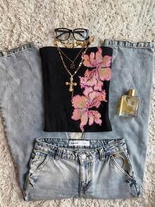 Glimmora 2026 Nuevas Llegadas Esenciales de Verano Caliente de Verano Blusa con Bordado de Flores de Lentejuelas, talla grande Vendida Mejor Valorada para Mujeres - Negro - Ver 4
