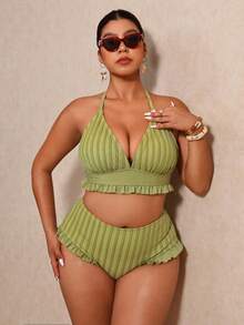Elaquor Conjunto de bikini de talla grande con volantes, unicolor, con abertura lateral - Verde - Ver 6