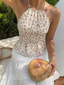 Sunnyshic Áo croptop nữ mùa hè giản dị, phong cách đồng quê ngọt ngào, đa năng, họa tiết hoa nhỏ xinh, thắt eo, lưng hở, không tay. - Nhiều màu - Xem 3