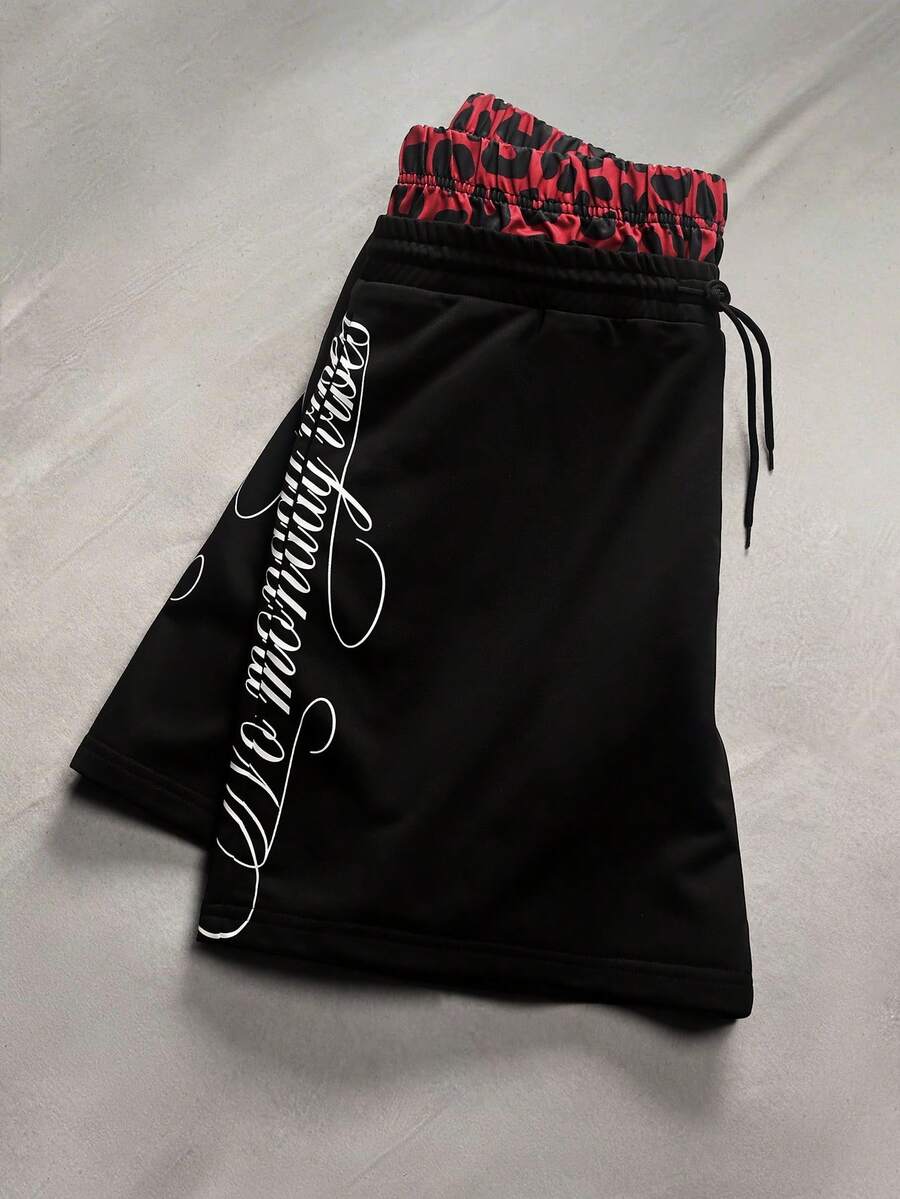 STYNVO Herren Sommer Lässig Modische Street Leoparden Muster Patchwork Kordelzug Taille Buchstaben Muster Loose Shorts - Schwarz - Übersicht 1