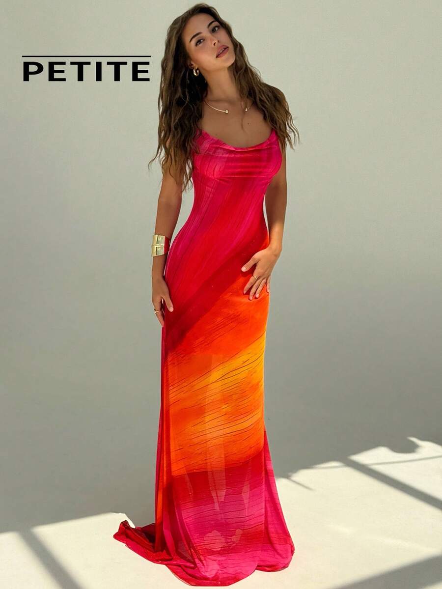 SHEIN Aloruh Petite PETITE Women's Summer New Vacation Style Rainbow Ombre Mesh Floral Print Romantic Tropical Multi-Color Backless Maxi Boho Dress Pink And Orange - Multicolor - View 1