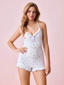 Bonmuse Criss-Cross Strap Backless Purple Floral Patchwork Ruffle Trim Fitted Jumpsuit Pajamasfor Summer - White - View 4