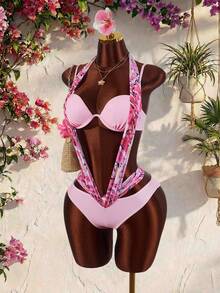 Amplova 女士挂脖式连体泳衣，网纱拼接，性感露背设计，度假装扮，女士度假服，假日装扮 - 粉色 - 查看 2