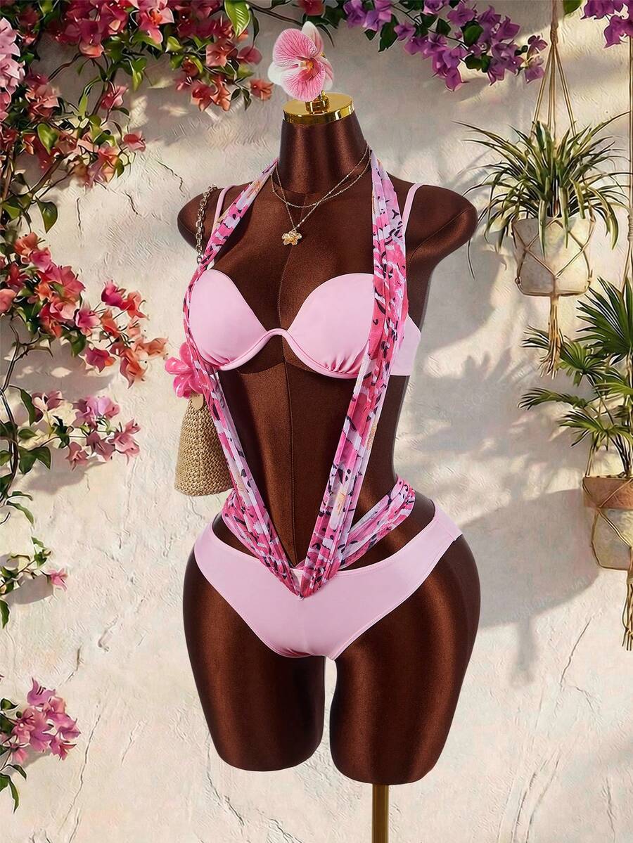 Amplova 女士挂脖式连体泳衣，网纱拼接，性感露背设计，度假装扮，女士度假服，假日装扮