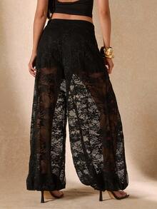 SHEIN BAE Sheer Lace Lantern Pants, Elegant Ankle-Length Trousers For Women, Suitable Outings, Brunch, Summer, Weddings Beach Rave, Vacations,-Black Floral Wide - Black - View 2