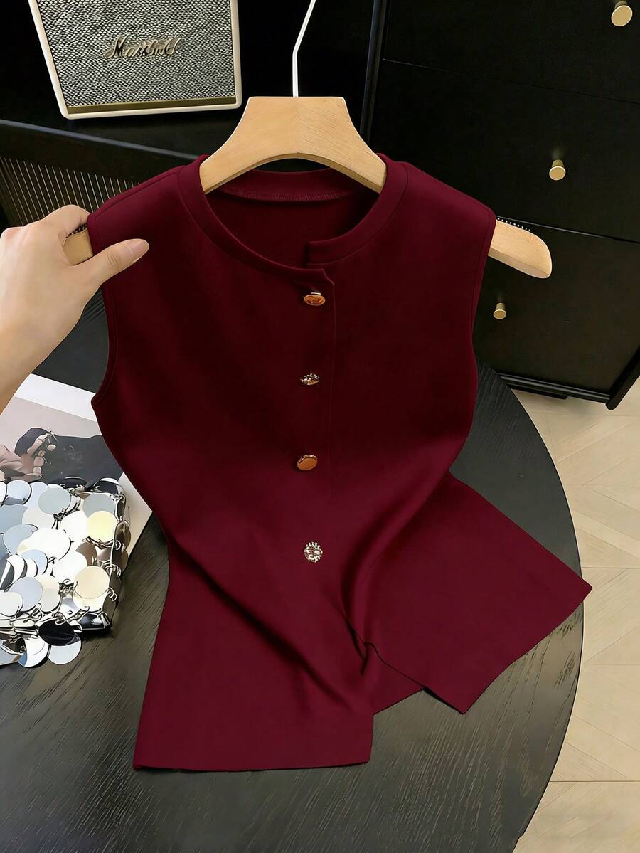 GlowEve 女士休闲日常通勤简约纯色金属单排扣吊带背心,夏季 - 酒紅色 - 查看 1