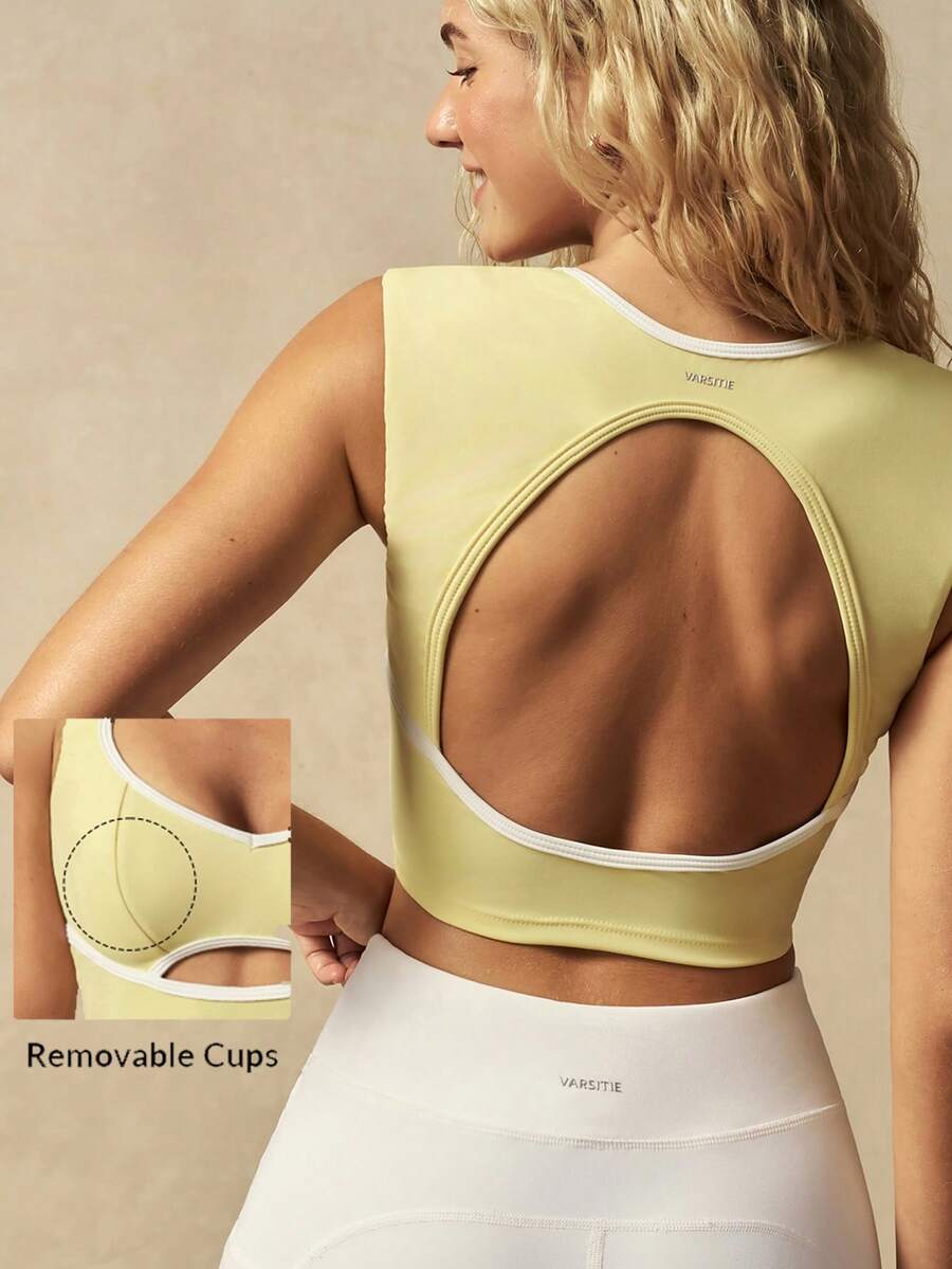VARSITIE Women's Cutout Design Fitted Sports Tank Top - Yellow - View 1