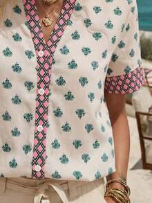 Wandoria Städtisch-eleganter Resort-Stil, neue Damen Frühling/Sommer Bluse aus Kunstleinen mit Bambus-Knoten-Kragen, blau & apricot Blume Muster, Kurzarm, geeignet für den täglichen Gebrauch, Hochzeit, Gala, Pendeln, Abschlussfeier, Urlaub, Date, Party, Halloween, Weihnachten, Neujahr, Erntedankfest, Hochzeit Damenbluse - Armeegrün - Übersicht 4