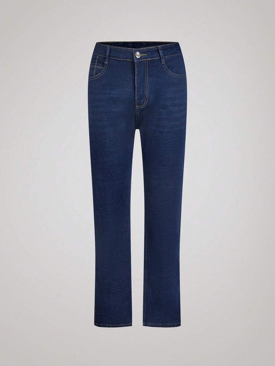 Officeau 男士弹力修身直筒商务休闲牛仔裤，斜插口袋设计，适合日常穿着 - 藍色 - 查看 1