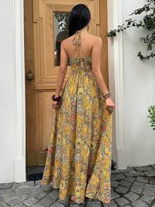 Sunnyshic Đầm không tay xếp ly dành cho nữ, in họa tiết toàn thân, phong cách giản dị và tối giản. - trái cam - Xem 2