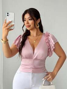 SHEIN Clasi Plus Size Romantic V-Neck Ruffle Design Blouse Gym Brown Autumn - Pink - View 4