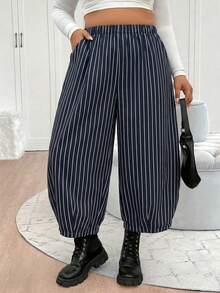 Elenzga Plus Size Vintage Loose Striped Elastic Waist Lantern Pants With Side Pockets - Navy Blue - View 6