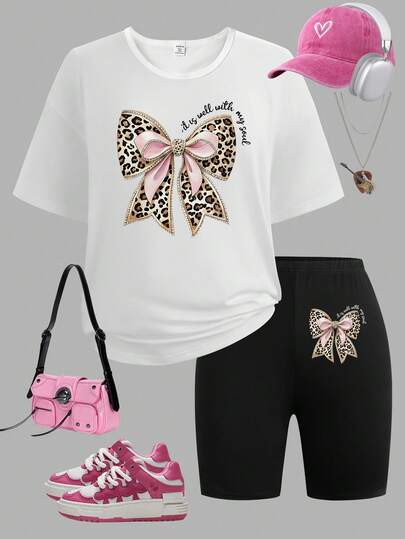 Bộ 2 món gồm áo thun in hình báo và quần short bó sát bằng vải dệt kim dành cho nữ tuổi teen, phong cách tối giản thường ngày cho mùa xuân và mùa hè.