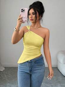 Rafferiza Women's Elegant Sexy Halter Sleeveless Top With Metal Decor, Textured Fabric, Waist Gathering, Suitable For Going Out, Dating, Vacation - Yellow - View 1