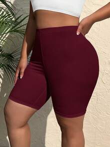 SHEIN EZwear Plus Size Women Solid Color Casual Versatile Daily Wear Skinny Shorts - Burgundy - View 6