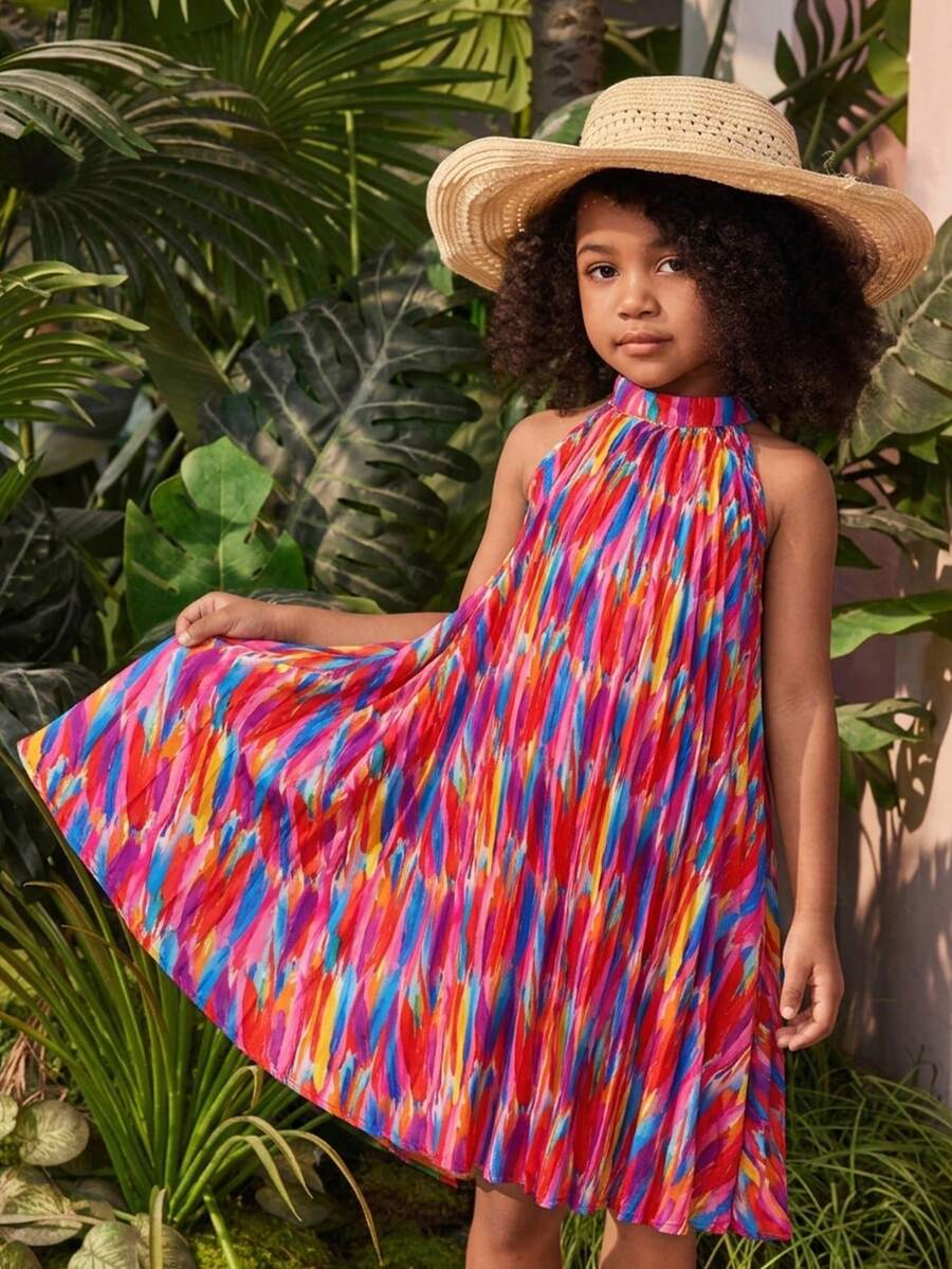 Emery Rose Kids 女童无袖吊带褶皱连衣裙，休闲度假海滩旅行派对时尚 - 彩色 - 查看 1