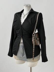 Sunspun Áo sơ mi đen cổ chữ V ren, phong cách tối giản, thanh lịch và thoải mái. - màu đen - Xem 4