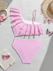 SHEIN 少女条纹比基尼套装，休闲度假 - 粉色 - 查看 2