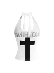 ROMWE Y2K Abby Letter Slogan & Cross Print Tie-Up Halter Neck Tank Top For Women - White - View 2