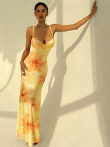 Aloruh 女士度假风吊带系带印花紧身连衣裙，春夏款 - 黃色 - 查看 3