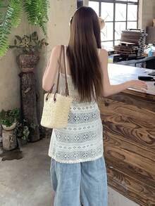 DAZY Solid Color Crochet Hollow Out Fitted Slip Dress Skirt, Casual Vacation Beach Summer Mini Dress - Apricot - View 4