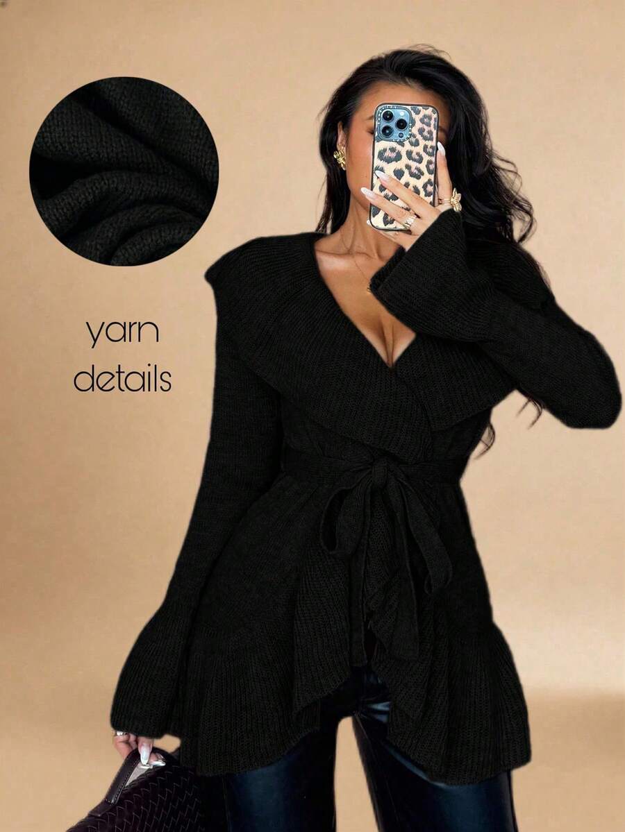 Rafferiza Women's Basic Minimalist Elegant French Fashion Romantic Tie-Front Cardigan