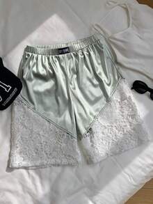 Comfortcana Women's Lace Patchwork Elastic Waist Casual Shorts Satin Skirt Lace - Green - View 6